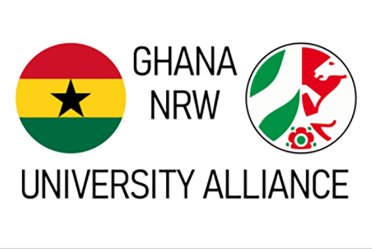 Flagge von Ghana und Bürgerwappen von Nordrhein-Westfalen. Text: Ghana NRW University Alliance